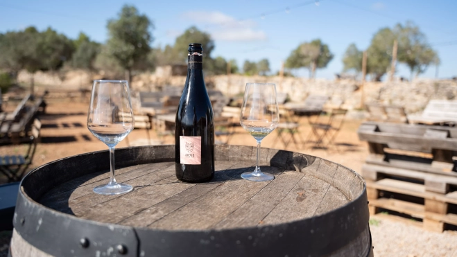 El 'wine bar' exterior de la bodega Sicus en Bonastre (Tarragona) / LUIS MIGUEL AÑÓN 