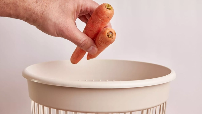 Hombre tirando dos zanahorias a la basura / Foto: Canva