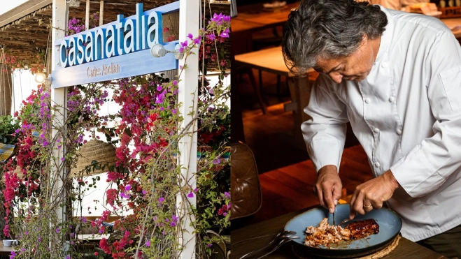 La entrada de Casa Natalia y el chef Carles Abellán preparando uno de sus platos / Foto cedida