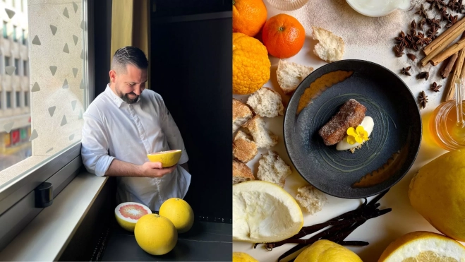 El cocinero Luis Valls (El Poblet) y su torrija con albedo de lumia / Foto cedida