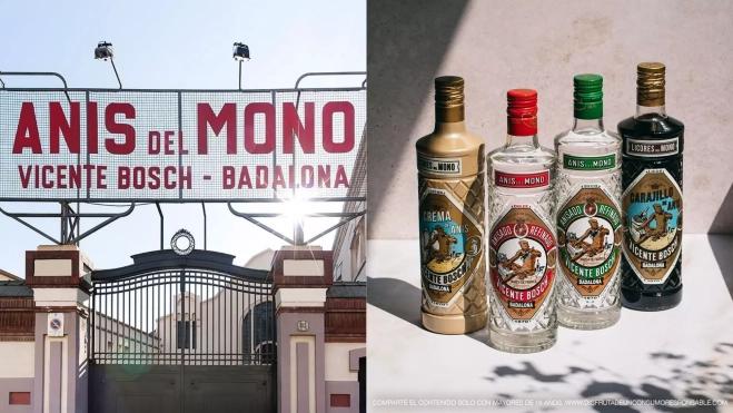 Una de las entradas de la Fábrica Anís del Mono y botellas de la marca / Foto: Instagram