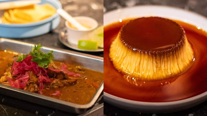 La carne de cochinita pibil y el flan de maíz dulce de Taco Méndez / Foto: Txaber Allué