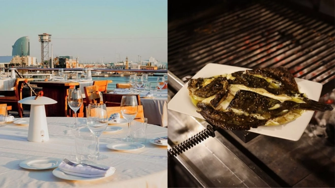 Vista desde La Terrassa de les Indianes y uno de sus pescados a la parrilla / Foto: Instagram