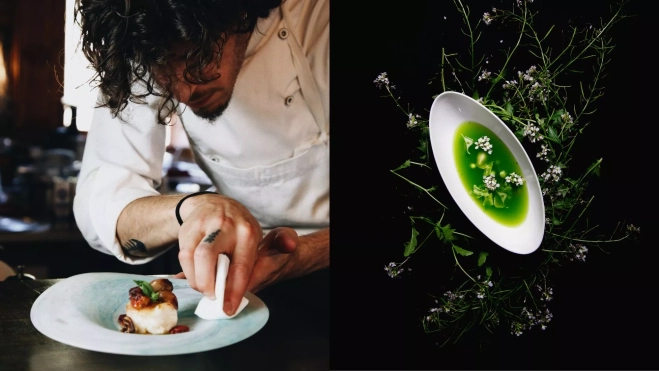 El chef Joseba Cruz y uno de los platos de Le Clandestin / Foto cedida