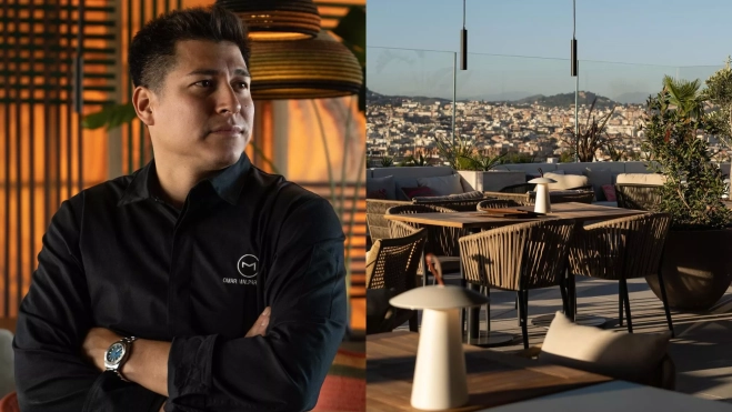 El chef Omar Malpartida y la terraza con vistas de Maymanta (Barcelona) / Foto cedida