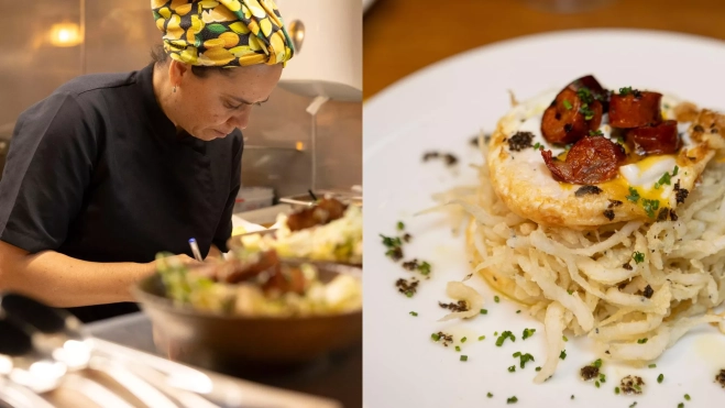 La chef Danielli Simoes de Oliveira y los huevos con chanquetes de Rumbla / Foto cedida