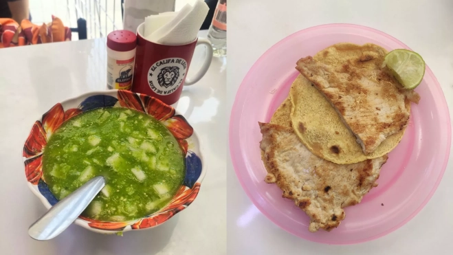 Salsa verde picante y taco de chuleta en el Califa de León (México) / Foto: Laia Shamirian