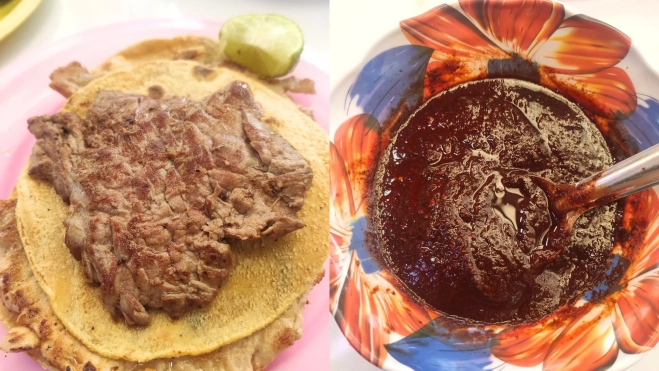 El taco 'gaonera' y la salsa roja de El Califa de León (México) / Foto: Laia Shamirian