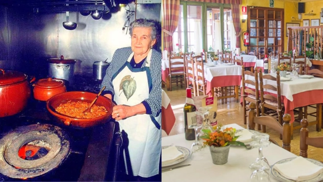 Foto histórica de Ramona en la cocina y la actual sala del restaurante | HOSTAL JAUMET