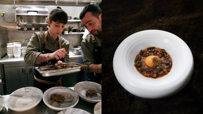 Iris en la cocina y su plato de vallos con colmenillas / Cedida