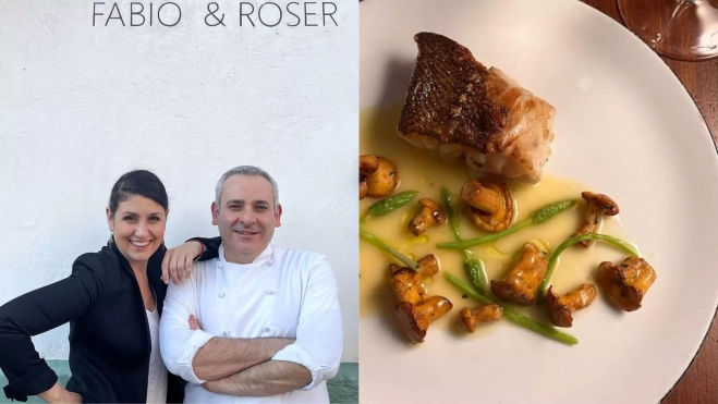 Roser y Fabio en el restaurante Agreste (Barcelona) y uno de sus platos / Instagram