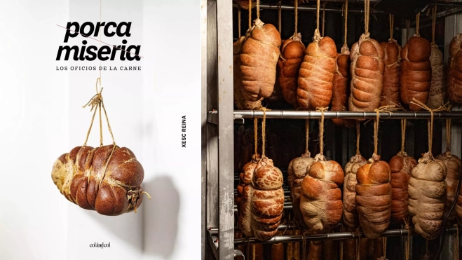 Portada del libro 'Porca Miseria' (Col&Col) y foto de las sobrasadas de Xesc Reina / Cedida